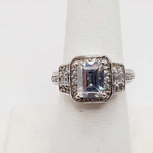 Vintage PJM 925 Sterling Silver Ring – Emerald-Cut Quartz/CZ – Size 7 - Picture 3 of 10